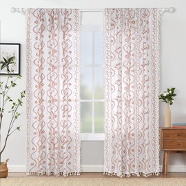 Boho Curtains 84 Inch Length Farmhouse Curtains for Living Room 2 Panels, Linen Semi Sheer Vintage Farmhouse Floral Curtain Rustic Curtain Drapes