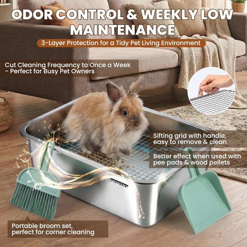 NEWTRY Stainless Steel Bunny Litter Box, Metal Grid & Deep