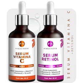PUREZA NATUR pack Serum Vitamina C + Ácido hialurónico facial + Vitamina E + Suero Retinol con vitaminas anti edad hidratante para la cara y piel + Te