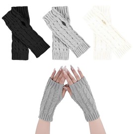 MOAZIFI 3 Pairs of Half Fingerless Gloves, Pulse Warmer, Women's Hand Warmers, Fingerless Gloves, Gloves Without Fingers, Women's Pulse Warmer, Winter Knitted Gloves, Unisex, 1