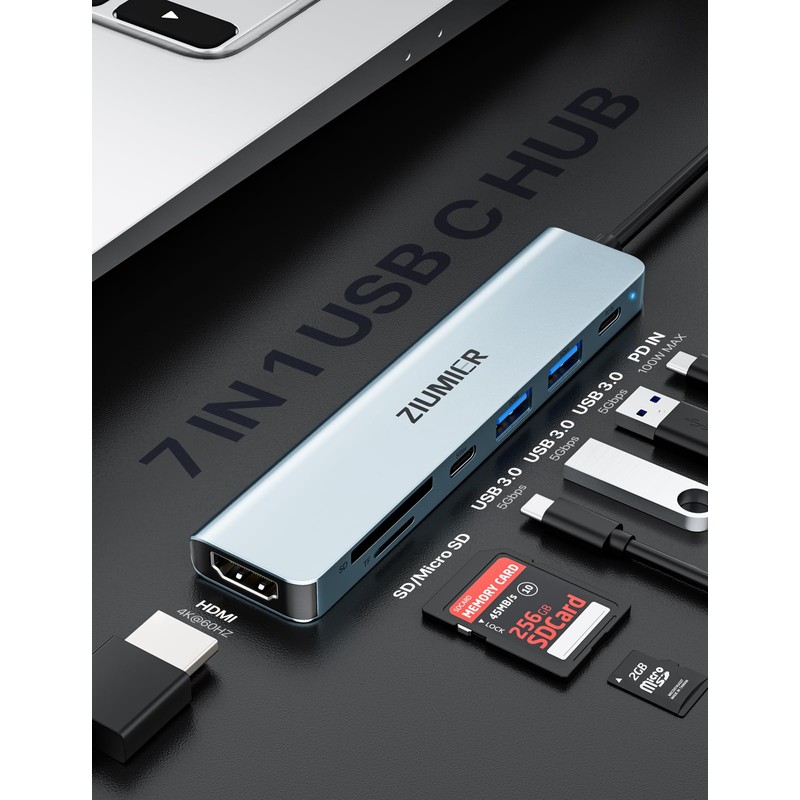 USB C Hub,7 in 1 USB C to HDMI Splitter,4K@60HZ
