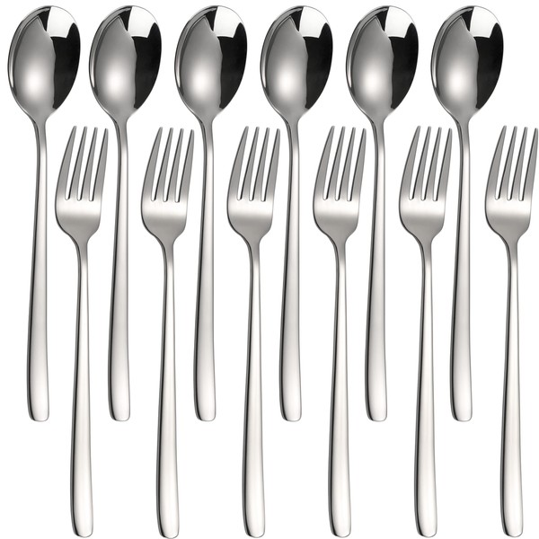 Dinner Forks and Spoons Set of 12 Stainless Steel Table Flatware for Home Kitchen Hotel (Stainless Steel)