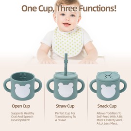 ROISDIYI Silicone Baby Cups with Straw & Snack Cup Lid, 3-in-1 Infant Sippy Cups, Spill Proof Toddler Training Cup, 8 OZ Snack Cup for 6 Month+