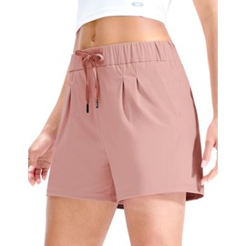 MIER - Pantalones cortos para correr para mujer, de secado rápido, suaves, elásticos, para entrenamiento, gimnasio, deportes, con bolsillos, entrepierna de 4 pulgadas, Rosa (Dusty Pink), X-Large