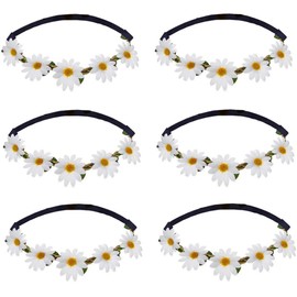 6 PCS Daisy Flower Headbands Boho Floral Crown Headbands with Adjustable Elastic Band Rose Bohemian Hair Band DIY Flower Headpieces for Wedding Party Beach Vacation Decoration (White)