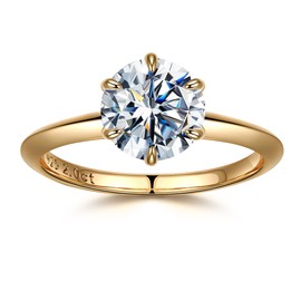 SMILEST 2ct Round Moissanite Solitaire Ring for Women, D Color VVS1 Clarity Lab Created Wedding Rings 18K Yellow Gold Plated 925 Sterling Silver 6 Claw Moissanite Engagement Ring for Women
