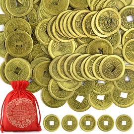 Coopay 240 Pieces Chinese Coins New Year Feng Shui Coins Good Luck Fortune I-Ching Ornament with Red Lucky Pouch for Health and Wealth (1 Inch)