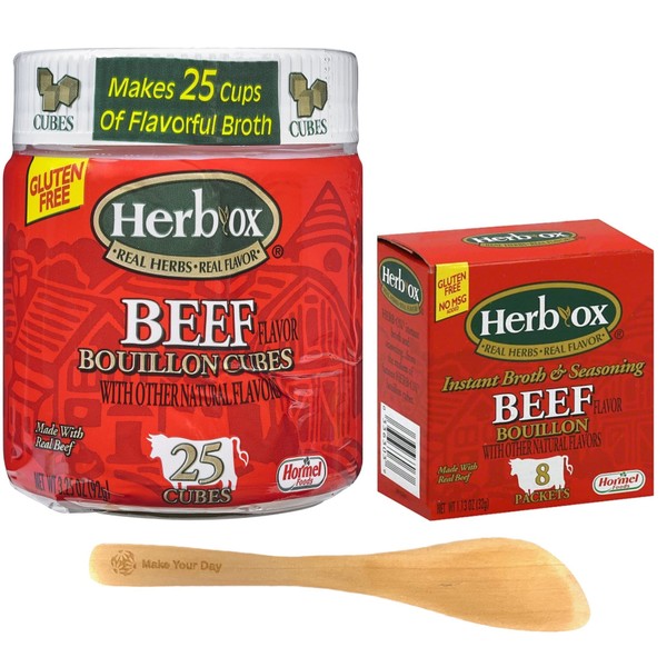 Herb Ox Beef Bouillon, 25 Cubes and 8 Packets (Pack of 2) - with Make Your Day Mini Bamboo Spatula