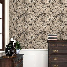 REDAMANCY Boho Simple Hand-Drawn Beige Poppies Flower Peel and Stick Wallpaper Vintage Wall Paper Stick on Contact Paper Easy Peel Off for nightstand Drawer Renter Friendly 17.7"x236"