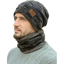LCZTN Mens Winter Beanie Hat Scarf Set Warm Fleece Lined Knit Ski Hats Slouchy Skull Cap for Unisex Gift (Black)