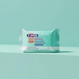 T-Zone Tea Tree & Witch Hazel Biodegradable Cleansing Wipes 25 Pack - Deep Cleansing & Oil-Control Face Wipes - Removes Dirt, Makeup & Impurities for Fresh, Clearer Skin