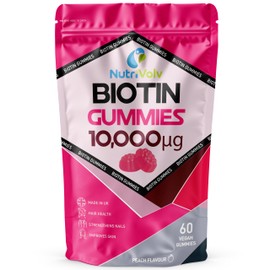 Biotin Gummies 10,000mcg | 60 Vegan Gummies | 60 Day Supply | for Hair Growth & Skin & Nails Health | Natural Peach Flavour | Vitamin B7 Gummies | Gelatine Free | Sugar Free | Non-GMO | by NutriVolv