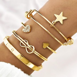 17IF Gold Silver Bangle Bracelet For Women 14k Plated Multi Layer Cuff Bracelets Set Trendy Boho Textured Indian Punk Chunky Cable Smooth Bangles Elegance Stack Minimalist Jewelry Gift, Adjustable,