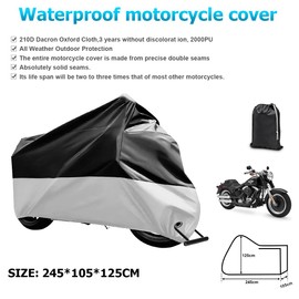 JNNJ Waterproof Motorcycle Cover, Universal Waterproof Motorcycle Tarpaulin, Motorcycle Scooter Anti-UV Dust Protection for Outdoor, for Scooter Motorcycle (Black/Silver)