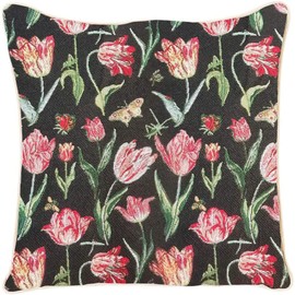 Ulticool - Cushion Cover - Tulips Black Butterfly Flowers - Jacquard Tapestry Fabric - Exclusive Cushion Filling - Decorative Cushion 45 x 45 cm - Sofa Cushion for Decoration - Red Green