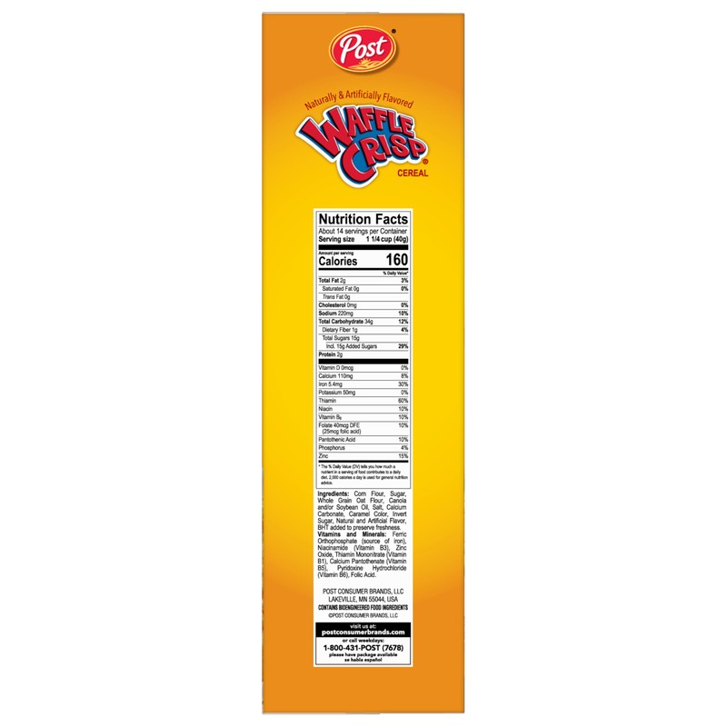 Waffle Crisp Breakfast Cereal, Sweetened Waffle Shaped Cereal, 20 OZ