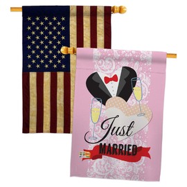 Breeze Decor Just Married House Flag Pack Celebration Wedding Marriage Bride Groom Mrs Occasion Anniversary Party Vintage Applique Banner Small Garden Yard Gift Double-Sided, Made in USA