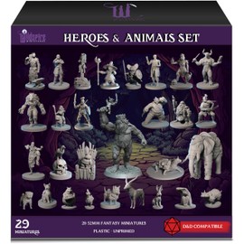 Wildspire Heroes, NPC Animal Companions & Troll King for DND Miniatures Bulk 28mm-32mm Unpainted Paintable Dungeons and Dragons Minis Pathfinder Figures for Fantasy Tabletop Roleplaying Games like D&D