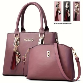 2pcs Tassel Pendant Tote Bag Crossbody Set, PU Leather Large Capacity Shoulder Bag, Casual Versatile Commuter Bag - Color: Black