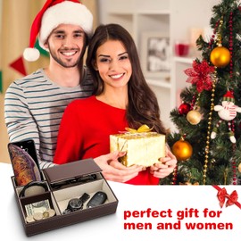 Baoyun Mens Valet Tray Organizer, Leather Valet Box EDC Catch All Tray Dresser Top Nightstand Organizer with 5 Compartments for Wallet Key Phone (Brown)