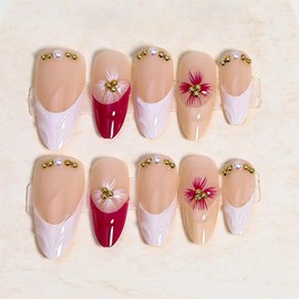 Handmade Press on Nails Medium Length Almond Flower Fake Nails French Tip False Nails 3D Ripple Pearls Designs Full Cover Artificial Nails Summer Nail Art Stick on Nail for Women DIY 10Pcs (L)
