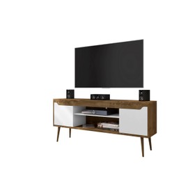Manhattan Comfort Bradley Mid Century Modern TV Stand for Televisions up to 60 Inches, Living Room Entertainment Center with Storage, Media Shelves and Soft Close Doors, Rustic Brown/White