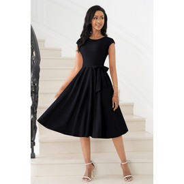 Nmoder Cocktail Summer Elegant Fit and Flare Dresses for Women Vintage Tea Party Cap Sleeve Dresses with Belt & Pockets Black L