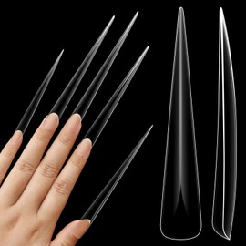 NOVO OVO Extra Super Extreme Long Stiletto Nail Tips, 5XL XXXXXL Extra Long Stiletto Nail Tips, Clear, Full Coverage, French Tips, Fake Nail Extension, Sharp Fishbone Arrowhead Nail Professional Use