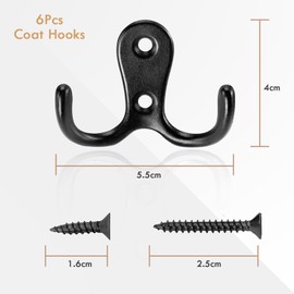 Gorffy Coat Hooks, Black, Pack of 6 Vintage Coat Hooks with Screws, Metal Double Hooks, Wall Hooks, Coat Hooks Wall for Bathroom, Kitchen (Black, 6 Pieces)