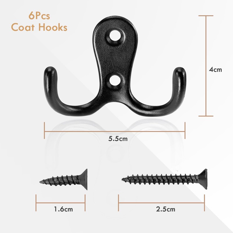 Gorffy Coat Hooks, Black, Pack of 6 Vintage Coat Hooks