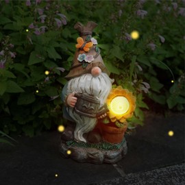 seicasaya Solar Garden Gnome Statue Light, Outdoor Resin Figurine for Yard, Lawn, Patio Decor – Motorcycle or Sunflower Design (Gnome Watering Flower)