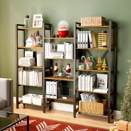 oneinmil Triple Wide 5-Shelves Corner Bookcase Industrial Vintage Wood Style Large Open Bookshelves for Home & Office (Brown, 5-Tier)