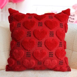 OECTVD Mothers Day Pillow Covers 18x18 Best Mom Ever Embroidered Throw Pillow Covers Red Heart Soft Plush Faux Fur Wool Pillowcase Birthday for Mum Wife Sisters Nana Home Decor