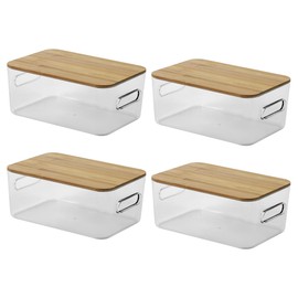 Ceromo 1.8Quart Clear Storage Bin with Bamboo Wooden Lid, Plastic Storage Containers with Handles for Organizing, Stackable, Transparent, Set of 4