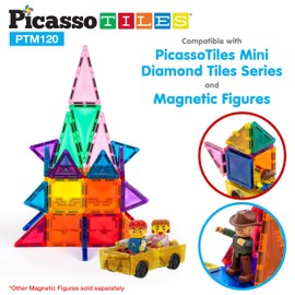 PicassoTiles 120 Pieces Magnetic Tiles Building Blocks Mini Size Diamond Series Magnet Toys Travel Size On-The-Go Construction Sensory Toys Gifts Educational Set STEM Learning Kit Playset PTM120