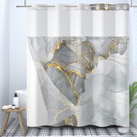 Ttincceer Hookless Shower Curtain with Snap in Fabric Liner Grey Gold Marble No Hooks Shower Curtains Waterproof Luxury Double Layer Bathroom Curtain with See Through Top Window 180 x 218 cm