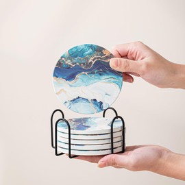 Kedested Ceramic Drink Coasters Set of 6 with Holder, Modern Marble Absorbent Ceramic Coasters, Round Ceramic Table Coasters for Home Decor Coffee Kitchen (4 Inches), Lake Blue