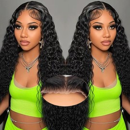 Flwing Wear and Go Glueless Wigs Human Hair Pre Plucked Pre Cut 5x5 HD Lace Closure Wigs 180% Density 100% Raw Human Hair Deep Wave Wet and Wavy Wig(5x5 Glueless Deep Wave Wig, 30 Inch)