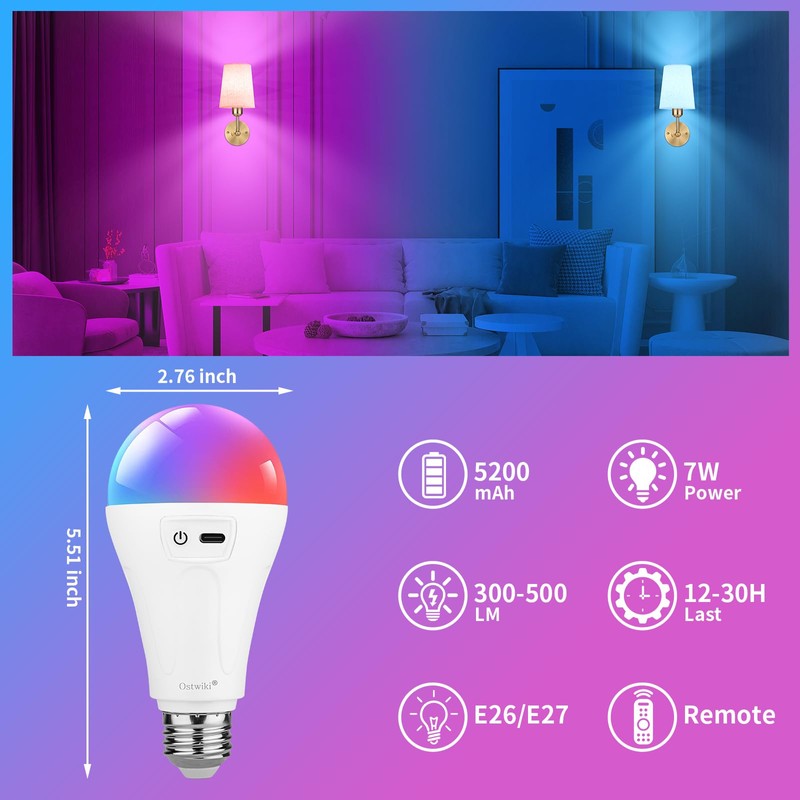 2 Pack 5200mAh Rechargeable Light Bulbs with Remote E26 Battery