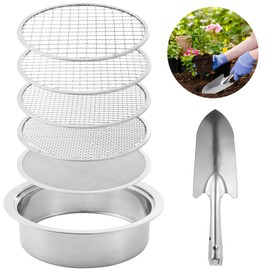 Soil Sifter Stainless Steel Riddle Sieve Set for Gardening with 5 Sizes 8" Diameter 1/3/6/9/12mm Interchangeable Meshes - Garden Potting Sieves with Shovel - Planting Soil Sifters Strains