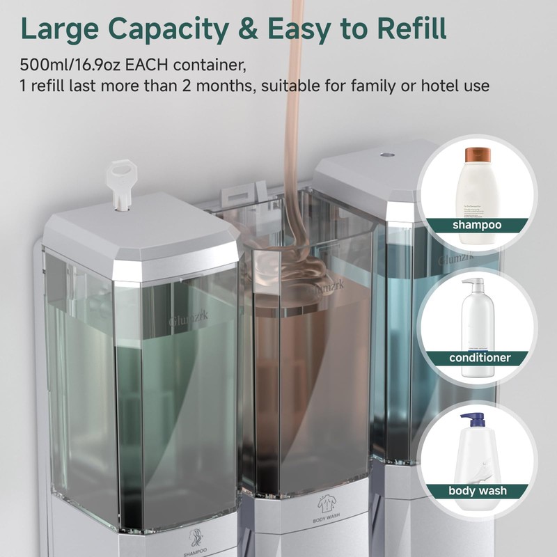 Shampoo and Conditioner Dispenser 3 Chamber No Drill Shower Soap