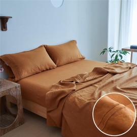 Simple&Opulence 100% Linen Sheet Set 4 Pieces Natural France Flax Bed Sheet (1 Flat Sheet, 1 Fitted Sheet, 2 Pillowcases) Breathable Luxury Hotel Bedding - Embroidery Rust, Queen Size