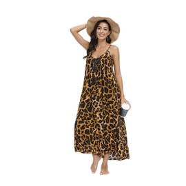 BUENOS NINOS Women's V Neck Floral Maxi Dress Boho Printed Adjustable Spaghetti Strap Ethnic Beach Long Dress with Pockets M Wild Leopard Dress