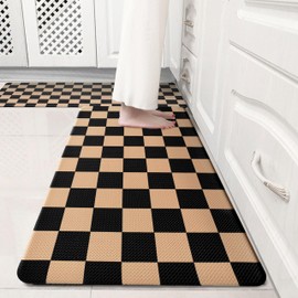 VivaNest Black Brown Checkered Grid Checkerboard Kitchen Rug Sets [2 PCs], Anti-Fatigue, Waterproof Non-Slip Kitchen Mats Heavy Duty Comfort Foam Rug for Kitchen, Floor, Home, Laundry,17"x29"+17"x47"