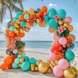 Pinbra Pastel Balloons Garland Kit Coral Pink Teal Blue Balloons Double Stuffed Light Green Orange Gold Metallic Latex Arch for Tropical Hawaii Luau Birthday Baby Shower Wedding Party Decorations