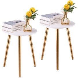Apicizon Round Side Table Set of 2, White Nightstand Coffee End Table for Living Room, Bedroom, Small Spaces, Morden Side Table Home Decor Bedside Table with Gold Wood Legs 16.5 Inches