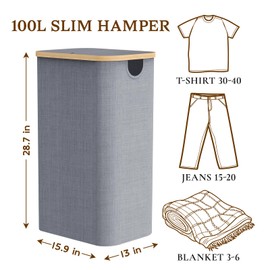 JOLLYIN Laundry Baskest with Lid, 100L Large Tall Laundry Hamper with Removable Bag, Collapsible Laundry Hamper for Bedroom, Bathroom, Dorm, Laundry Room, Grey