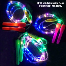 QOTSTEOS Jump Rope, 3pcs Glowing LED Light Up Fitness Rope, Adjustable Length, Plastic Handle, Random Color, Fast/Slow Flashing Modes, For Exercise and Party