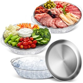 Baderke 3 Set 11.8" Chilled Serving Tray for Parties with Compartments Ice Chilled Party Platter Charcuterie Serving Board Cold Dish Dip for Fruit Seafood Vegetable Appetizer Shrimp Cocktail (Natural)