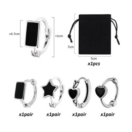 4 Pairs Of Black Huggie Earrings Set, Comes With 1 Storage Bag，Heart Earrings，Hoop Earrings For Women ，Silver Earrings，Copper Earrings，Heart, Rectangular, And Five-Pointed Star Styles, Unisex.
